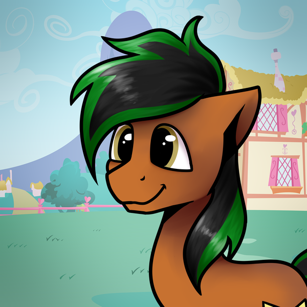 Size: 2000x2000 | Tagged: safe, artist:jellysiek, derpibooru import, oc, oc:patutu, unofficial characters only, earth pony, pony, building, commission, cute, daaaaaaaaaaaw, earth pony oc, high res, hill, house, image, male, ocbetes, outdoors, png, ponyville, smiley face, smiling, solo, stallion, town