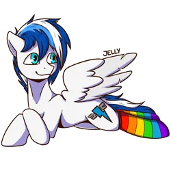 Size: 4000x4000 | Tagged: safe, artist:jellysiek, derpibooru import, oc, oc:danger above, unofficial characters only, pegasus, pony, absurd resolution, clothes, image, lying down, male, pegasus oc, png, rainbow socks, signature, simple background, smiling, socks, solo, spread wings, stallion, striped socks, white background, wings