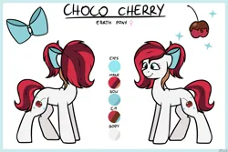 Size: 3000x2000 | Tagged: safe, artist:jellysiek, derpibooru import, oc, oc:choco cherry, unofficial characters only, earth pony, pony, bow, cherry, earth pony oc, female, food, hair bow, high res, image, mare, png, reference sheet, simple background, smiling, solo, tail, white background