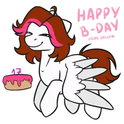 Size: 2000x2000 | Tagged: safe, artist:jellysiek, derpibooru import, oc, unofficial characters only, pegasus, pony, birthday, birthday art, birthday cake, birthday gift, cake, cute, eyes closed, female, food, heart, high res, image, mare, pegasus oc, png, simple background, smiling, solo, spread wings, white background, wings