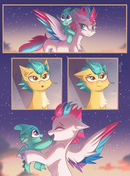 Size: 1477x2000 | Tagged: safe, artist:maxi_ponie, derpibooru import, hitch trailblazer, sparky sparkeroni, zipp storm, dragon, earth pony, pegasus, pony, g5, baby, baby dragon, comic, dragons riding ponies, eyes closed, female, flying, image, jpeg, male, mama zipp, mare, open mouth, open smile, riding, riding a pony, smiling, stallion, trio