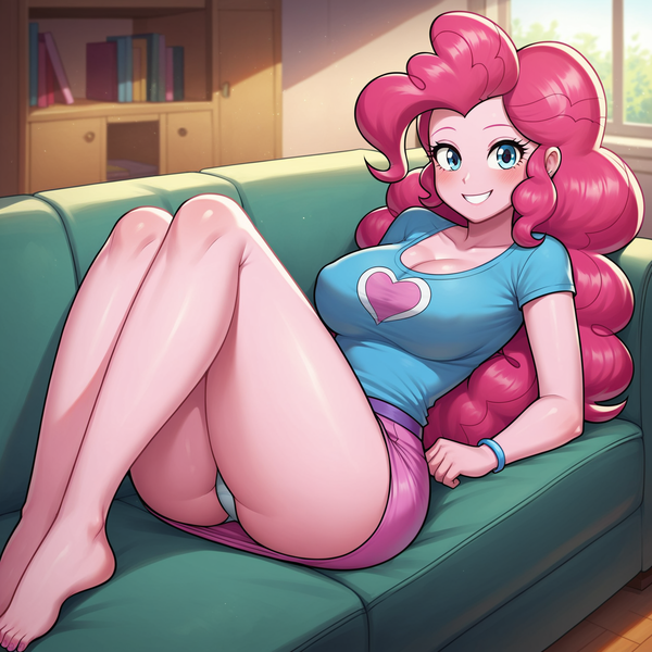 Size: 1536x1536 | Tagged: suggestive, ai content, derpibooru import, machine learning generated, prompter:funnyglow144, stable diffusion, pinkie pie, human, equestria girls, g4, ass, bedroom eyes, big breasts, blushing, breasts, busty pinkie pie, butt, cleavage, clothes, couch, dress, female, generator:pony diffusion v6 xl, grin, image, indoors, legs, living room, looking at you, looking back, looking back at you, lying down, on back, on couch, panties, png, sexy, shirt, smiling, solo, solo female, t-shirt, teasing, thighs, underwear, window