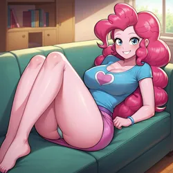 Size: 1536x1536 | Tagged: suggestive, ai content, derpibooru import, machine learning generated, prompter:funnyglow144, stable diffusion, pinkie pie, human, equestria girls, g4, ass, bedroom eyes, big breasts, blushing, breasts, busty pinkie pie, butt, cleavage, clothes, couch, dress, female, generator:pony diffusion v6 xl, grin, image, indoors, legs, living room, looking at you, looking back, looking back at you, lying down, on back, on couch, panties, png, sexy, shirt, smiling, solo, solo female, t-shirt, teasing, thighs, underwear, window