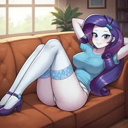 Size: 1536x1536 | Tagged: suggestive, ai content, derpibooru import, machine learning generated, prompter:funnyglow144, stable diffusion, rarity, human, equestria girls, g4, ass, bedroom eyes, big breasts, blushing, breasts, busty rarity, butt, cleavage, clothes, couch, dress, female, generator:pony diffusion v6 xl, grin, image, indoors, legs, living room, looking at you, looking back, looking back at you, lying down, on back, on couch, panties, png, sexy, shirt, smiling, solo, solo female, t-shirt, teasing, thighs, underwear, window