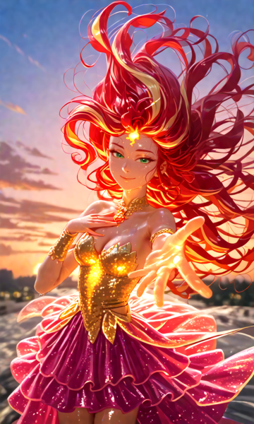 Size: 768x1280 | Tagged: safe, ai content, derpibooru import, machine learning generated, sunset shimmer, human, pony, g4, blurry background, choker, clothes, cloud, dress, female, floating, floating hair, frilly, frilly skirt, glitter, glow, gold, hand on chest, humanized, image, jewelry, long hair, png, prompter:sammykun, reaching towards you, shadow, shiny, skirt, sky, solo, sunset, wet