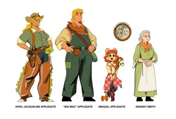 Size: 4366x2949 | Tagged: safe, artist:bixels, derpibooru import, apple bloom, applejack, big macintosh, bright mac, granny smith, pear butter, human, g4, adorabloom, alternate name, apple family, apron, arm hair, boots, chaps, clothes, cowboy boots, cute, dress, female, gun, handgun, height difference, high res, hobby horse, humanized, image, jpeg, male, name, open mouth, open smile, overalls, photo, remake, revolver, shoes, simple background, smiling, spurs, straw in mouth, suspenders, the grand galloping 20s, tooth gap, weapon, white background