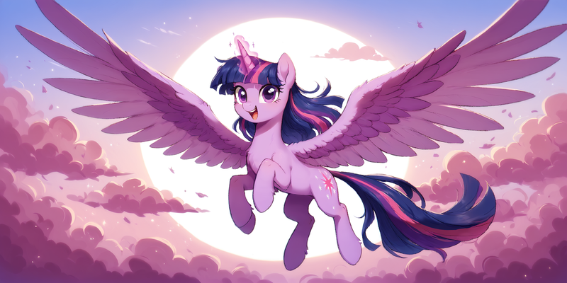 Size: 2400x1200 | Tagged: safe, ai content, derpibooru import, machine learning generated, prompter:greesys, twilight sparkle, twilight sparkle (alicorn), alicorn, pony, cloud, cutie mark, day, female, flying, glow, glowing horn, horn, image, outdoors, pink cloud, png, purple eyes, sky, smiling, solo, solo female, spread wings, sun, wings