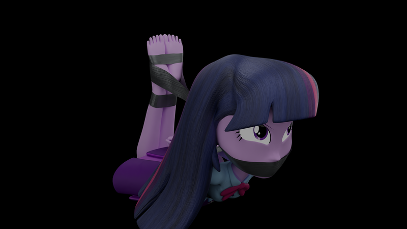 Size: 3840x2160 | Tagged: safe, alternate angle, alternate version, artist:ennddy, derpibooru import, twilight sparkle, human, equestria girls, g4, 3d, angry, barefoot, black background, bondage, bound and gagged, clothes, damsel in distress, feet, feet tied, female, gag, hands behind back, high res, hogtied, image, kidnapped, png, simple background, skirt, solo, tape, tape bondage, tape gag, tied up