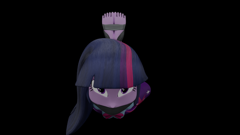 Size: 3840x2160 | Tagged: safe, alternate angle, alternate version, artist:ennddy, derpibooru import, twilight sparkle, human, equestria girls, g4, 3d, angry, barefoot, black background, bondage, bound and gagged, clothes, damsel in distress, feet, feet tied, female, gag, hands behind back, high res, hogtied, image, kidnapped, png, simple background, skirt, solo, tape, tape bondage, tape gag, tied up