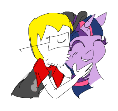 Size: 378x358 | Tagged: safe, anonymous artist, twilight sparkle, human, pony, unicorn, barneyfag, don turtelli, don turtelli's hat, eyelashes, eyes closed, female, glasses, happy, hat, human on pony kissing, image, kiss on the cheek, kissing, male, man, mare, nate (soyjak), png, soyjak, soyjak.party, stubble