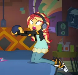 Size: 2944x2836 | Tagged: safe, derpibooru import, sunset shimmer, human, equestria girls, g4, game stream, spoiler:eqg series (season 2), angry, clothes, controller, converse, female, gamer sunset, headphones, image, jpeg, my little pony equestria girls: better together, shoes, sneakers, solo, sunset's apartment