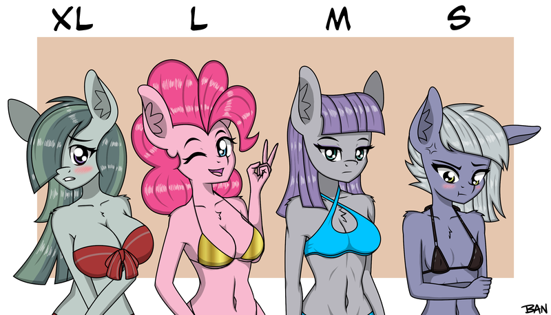 Size: 2969x1700 | Tagged: suggestive, alternate version, artist:banquo0, derpibooru import, limestone pie, marble pie, maud pie, pinkie pie, anthro, earth pony, pony, g4, belly, belly button, bikini, blushing, breast envy, breasts, busty marble pie, busty pinkie pie, chest fluff, cleavage, clothes, cross-popping veins, crossed arms, derpibooru exclusive, emanata, female, group, image, looking at you, one eye closed, open mouth, pie sisters, png, siblings, simple background, sisters, size comparison, small breasts, smiling, swimsuit, wink