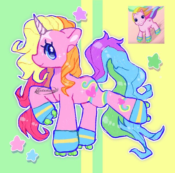 Size: 1590x1575 | Tagged: safe, artist:pixlpaw, derpibooru import, rarity (g3), pony, unicorn, g3, blue eyes, eyelashes, female, horn, image, jpeg, mare, multicolored mane, multicolored tail, pink coat, reference sheet, roller skates, screencap reference, signature, skates, solo, stars, tail