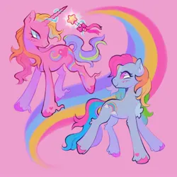 Size: 2048x2048 | Tagged: safe, artist:llorienart, derpibooru import, rainbow dash (g3), rarity (g3), earth pony, pony, unicorn, g3, the runaway rainbow, blue coat, duo, eyelashes, female, horn, image, jpeg, looking at each other, looking at someone, magenta eyes, magic, mare, multicolored mane, multicolored tail, pink background, pink coat, pink hooves, purple eyes, rainbow, simple background, smiling, smiling at each other, tail, unshorn fetlocks, wand