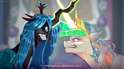 Size: 1491x837 | Tagged: safe, artist:kinzig81, derpibooru import, princess celestia, queen chrysalis, alicorn, changeling, changeling queen, pony, a canterlot wedding, g4, angry, bust, crossed horns, duo, duo female, female, floppy ears, furrowed brow, glow, glowing horn, gritted teeth, horn, horns are touching, image, indoors, jpeg, looking at each other, looking at someone, mare, my little pony, scene interpretation, scowl, subtitles, teeth, text