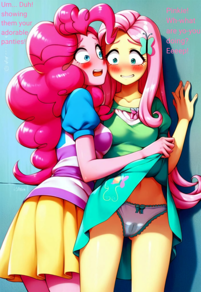 Size: 1408x2048 | Tagged: suggestive, ai content, derpibooru import, edit, editor:mlplove, machine learning generated, prompter:egupskirt00, fluttershy, pinkie pie, human, equestria girls, g4, ai errors, assisted exposure, belly, belly button, blushing, blushing profusely, bow panties, bow underwear, bowtie, breasts, butterfly hairpin, clothes, cutie mark, cutie mark on clothes, dialogue, duo, duo female, embarrassed, embarrassed underwear exposure, equestria girls outfit, female, frills, frilly panties, frilly underwear, high res, image, incorrect hand anatomy, legs, molestation, panties, personal space invasion, png, shrunken pupils, skirt, skirt lift, standing, text, underwear, upskirt, vaginal secretions, wet panties, wet underwear, white underwear, worried smile