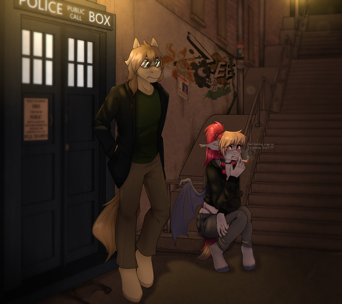 Size: 6240x5551 | Tagged: safe, artist:b(r)at, derpibooru import, doctor whooves, time turner, oc, oc:batty bliss, oc:literate history, anthro, bat pony, earth pony, pony, g4, cigarette, clothes, doctor who, image, panties, png, smoking, tardis, thong, underwear, vulgar