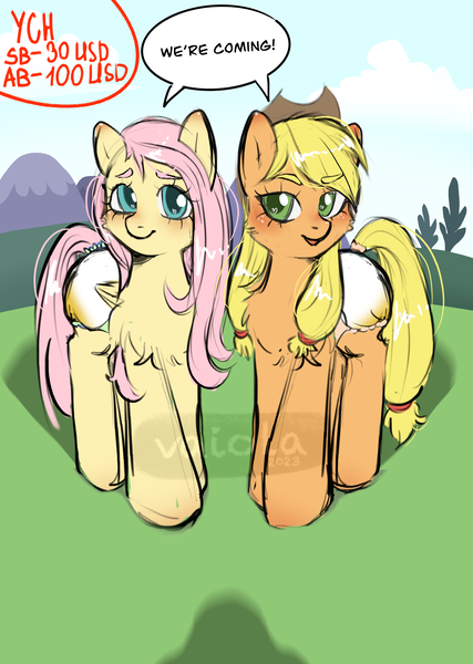 Size: 2490x3498 | Tagged: suggestive, artist:vaiola, derpibooru import, applejack, fluttershy, earth pony, pegasus, pony, advertisement, auction, background, big eyes, blushing, commission, couple, cute, diaper, diaper fetish, duo, duo female, embarrassed, eyebrows, female, fetish, full body, image, looking at you, non-baby in diaper, outdoors, png, poofy diaper, shy, speech bubble, text, ych example, your character here