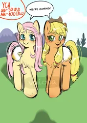 Size: 2490x3498 | Tagged: suggestive, artist:vaiola, derpibooru import, applejack, fluttershy, earth pony, pegasus, pony, advertisement, auction, background, big eyes, blushing, commission, couple, cute, diaper, diaper fetish, duo, duo female, embarrassed, eyebrows, female, fetish, full body, image, looking at you, mare, non-baby in diaper, outdoors, png, poofy diaper, shy, speech bubble, text, ych example, your character here