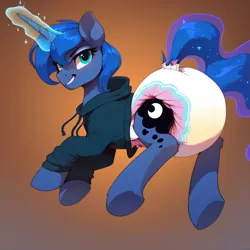 Size: 4096x4096 | Tagged: safe, ai content, derpibooru import, machine learning generated, prompter:mintybreeze, stable diffusion, princess luna, alicorn, pony, g4, clothes, diaper, diaper fetish, female, fetish, generator:pony diffusion v6 xl, hoodie, image, jpeg, magic, magic aura, mare, non-baby in diaper, poofy diaper, princess, solo, wet diaper