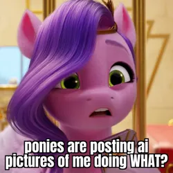 Size: 912x912 | Tagged: safe, derpibooru import, edit, edited screencap, screencap, pipp petals, pegasus, pony, g5, my little pony: a new generation, 3d, caption, cropped, female, image, image macro, implied ai, jpeg, mare, mobile phone, open mouth, phone, reaction image, shocked, shocked expression, smartphone, solo, surprised, text