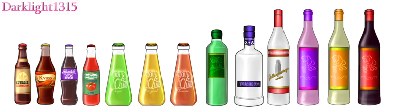 Size: 4252x1148 | Tagged: safe, artist:darklight1315, derpibooru import, fallout equestria, absinthe, alcohol, baltimare, bottle, drink, fallout equestria: mayday, glass bottle, image, kvass, no pony, png, pon&chill, soda, sparkle cola, sunrise sarsaparilla, tomato juice, vodka, wine, wine bottle