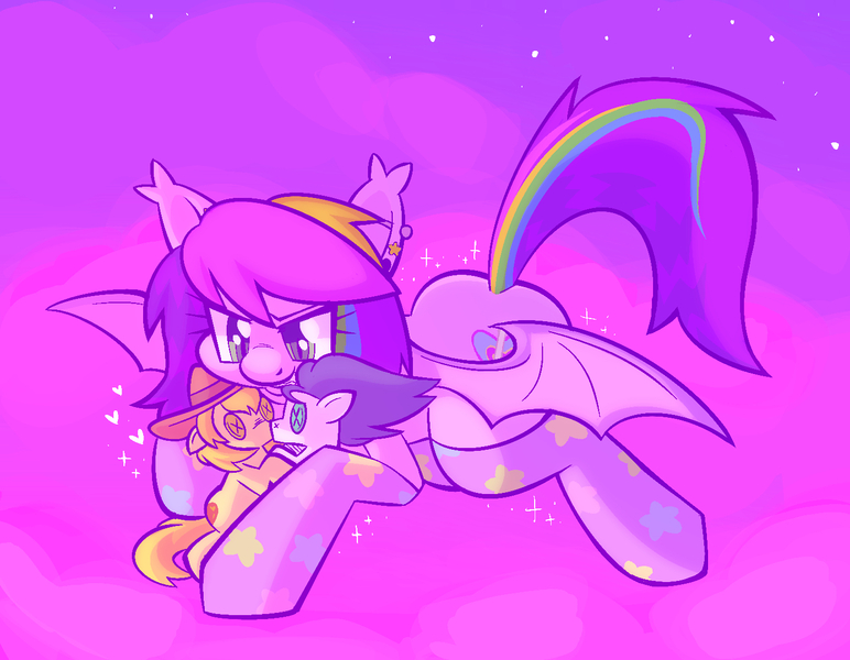 Size: 1437x1117 | Tagged: safe, artist:tricky_cannon, derpibooru import, braeburn, soarin', oc, bat pony, pony, art trade, bat pony oc, bat wings, braeburn plushie, female, gay, image, jpeg, male, mare, plushie, purple coat, purple sky, ship:soarburn, shipping, smiling, soarin' plushie, wings