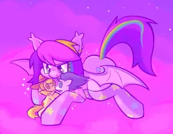 Size: 1437x1117 | Tagged: safe, artist:tricky_cannon, derpibooru import, braeburn, soarin', oc, bat pony, pony, art trade, bat pony oc, bat wings, braeburn plushie, female, gay, image, jpeg, male, mare, plushie, purple coat, purple sky, ship:soarburn, shipping, smiling, soarin' plushie, wings