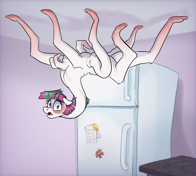 Size: 2275x2048 | Tagged: safe, artist:smirk, derpibooru import, blossomforth, monster pony, fanfic:blossomthing, g4, author:chucklefarts, blossomthing, body horror, ceiling pony, eldritch abomination, embarrassed, high res, image, indoors, png, shapeshifter, shapeshifting, solo, startled, tentacle neck, tentacle spider, tentacles, the thing