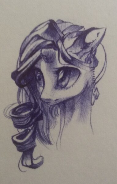 Size: 609x957 | Tagged: safe, artist:yanisfucker, derpibooru import, oc, unofficial characters only, pony, unicorn, bust, ear piercing, earring, female, horn, image, jewelry, jpeg, mare, monochrome, piercing, portrait, simple background, solo, traditional art, white background