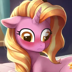 Size: 2048x2048 | Tagged: safe, ai content, derpibooru import, machine learning generated, prompter:buttonfixer, stable diffusion, luster dawn, pony, unicorn, g4, blushing, butt, derp, female, floppy ears, flowing mane, horn, image, indoors, mare, png, solo, solo female, tail