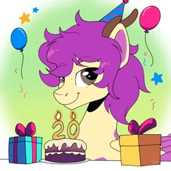 Size: 2500x2500 | Tagged: safe, artist:auxrae, derpibooru import, oc, oc:purple wingshade, unofficial characters only, deer, hybrid, original species, pegasus, pony, balloon, birthday, candle, gift wrapped, hat, image, party hat, png, present, solo