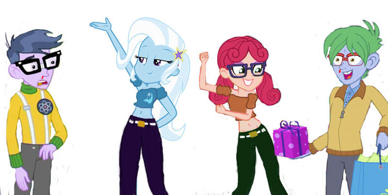 Size: 900x452 | Tagged: safe, artist:warioman69, derpibooru import, edit, editor:warioman69, alizarin bubblegum, celery stalk, microchips, trixie, equestria girls, g4, alizary, blood, female, glasses, image, jpeg, male, microtrix, midriff, nosebleed, shipping, straight