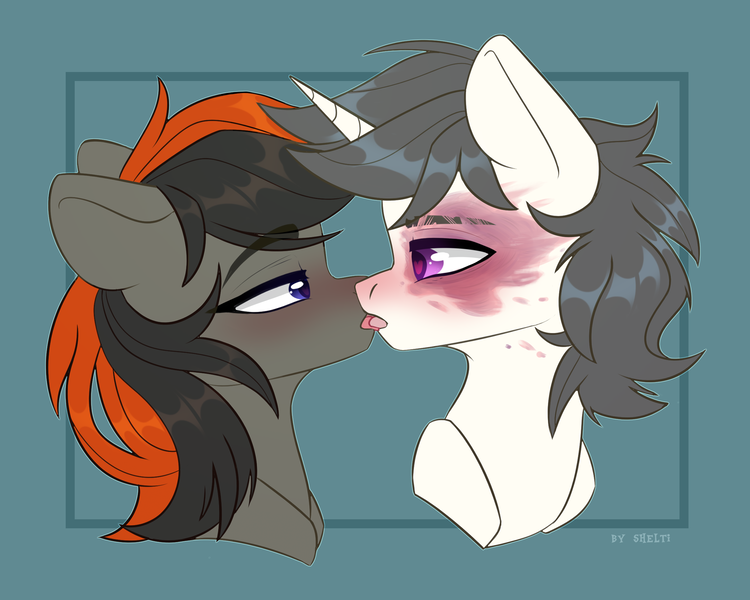 Size: 2500x2000 | Tagged: safe, artist:shelti, derpibooru import, ponerpics import, oc, oc:suri blaze, oc:weiße feder, unofficial characters only, pegasus, pony, unicorn, burn scar, duo, female, horn, image, kissing, looking at each other, male, mare, png, scar, stallion