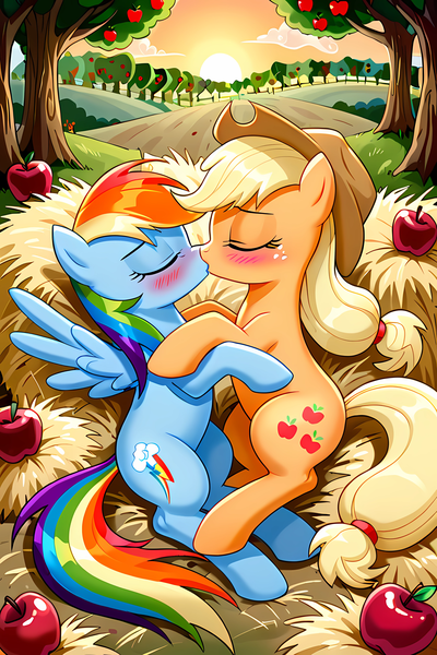 Size: 3072x4608 | Tagged: source needed, suggestive, ai content, derpibooru import, machine learning generated, prompter:the emissary, applejack, rainbow dash, earth pony, pegasus, pony, g4, apple, appledash, blushing, eyes closed, female, food, image, kissing, lesbian, mare, png, shipping, straw, sunset, tree