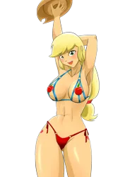 Size: 4961x7016 | Tagged: suggestive, artist:tittoons, applejack, human, abs, applejack's hat, armpits, bikini, breasts, busty applejack, cleavage, clothes, cowboy hat, cutie mark on human, female, hat, humanized, image, looking at you, micro bikini, png, red bikini, simple background, smiling, solo, solo female, swimsuit, transparent background