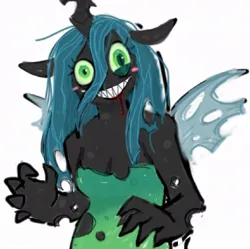 Size: 940x938 | Tagged: safe, artist:partyinmyigloo, derpibooru import, queen chrysalis, anthro, changeling, g4, blood, bloody mouth, blushing, clothes, dress, evil grin, eyeshadow, fangs, female, grin, image, insanity, jpeg, makeup, sharp teeth, simple background, smiling, solo, teeth, torn clothes, white background