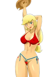 Size: 4961x7016 | Tagged: suggestive, alternate version, artist:tittoons, applejack, human, abs, applejack's hat, armpits, bikini, breasts, busty applejack, cleavage, clothes, cowboy hat, cutie mark on human, erect nipples, female, hat, humanized, image, looking at you, micro bikini, png, red bikini, simple background, smiling, solo, solo female, swimsuit, transparent background