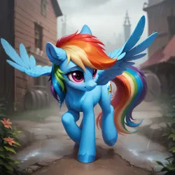 Size: 1024x1024 | Tagged: safe, ai content, derpibooru import, machine learning generated, stable diffusion, rainbow dash, pegasus, pony, generator:pony diffusion v6 xl, image, outdoors, png, prompter:teonanakatle, rain, solo