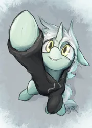 Size: 1422x1970 | Tagged: safe, artist:candel, derpibooru import, lyra heartstrings, pony, unicorn, fanfic:background pony, g4, crying, dig the swell hoodie, female, horn, image, mare, perspective, png, pointing, smiling, snow, solo, standing on two hooves, teary eyes, underhoof