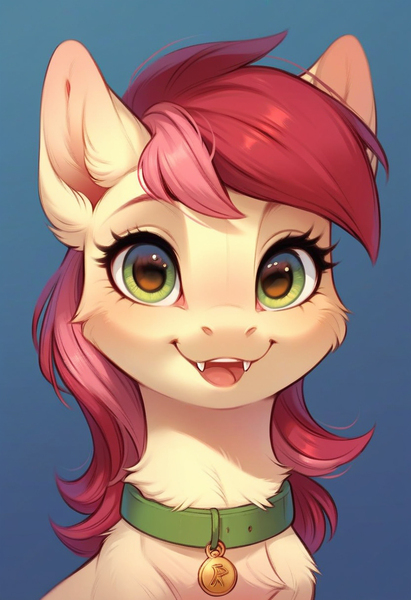 Size: 832x1216 | Tagged: safe, ai content, derpibooru import, machine learning generated, prompter:doom9454, stable diffusion, roseluck, earth pony, pony, g4, bust, collar, cute, fangs, fluffy, generator:pony diffusion v6 xl, image, jpeg, pet tag, pony pet, portrait, rosepet