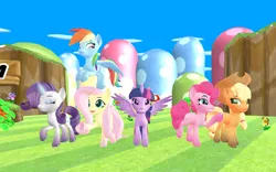 Size: 1920x1200 | Tagged: safe, artist:puzzlshield2, derpibooru import, applejack, fluttershy, pinkie pie, rainbow dash, rarity, twilight sparkle, alicorn, earth pony, pegasus, pony, unicorn, g4, g5, my little pony: a new generation, 3d, 3d render, crossover, female, flying, hoof fluff, horn, image, magic, magic aura, mane six, mmd, png, recreation, super mario bros.