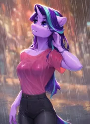 Size: 1024x1408 | Tagged: safe, ai content, derpibooru import, machine learning generated, prompter:ilham470, starlight glimmer, anthro, g4, clothes, image, looking up, png, rain, shirt, solo, t-shirt, wet, wet clothes, wet mane