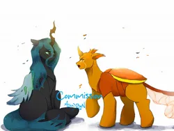 Size: 2048x1536 | Tagged: safe, artist:mikkybun, derpibooru import, queen chrysalis, oc, changedling, changeling, changeling queen, g4, commission, crying, duo, female, image, jpeg, simple background, sitting, watermark, white background