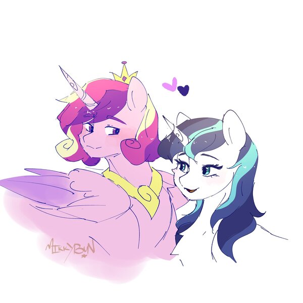 Size: 2048x2048 | Tagged: safe, artist:mikkybun, derpibooru import, princess cadance, shining armor, alicorn, pony, unicorn, g4, blushing, chest fluff, duo, female, floating heart, gleaming shield, heart, horn, image, jewelry, jpeg, looking at each other, looking at someone, male, mare, peytral, prince bolero, regalia, rule 63, ship:gleaming bolero, ship:shiningcadance, shipping, simple background, stallion, straight, white background