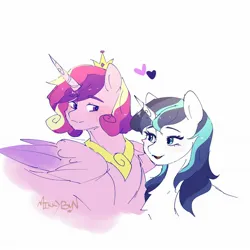 Size: 2048x2048 | Tagged: safe, artist:mikkybun, derpibooru import, princess cadance, shining armor, alicorn, pony, unicorn, g4, blushing, chest fluff, duo, female, floating heart, gleaming shield, heart, horn, image, jewelry, jpeg, looking at each other, looking at someone, male, mare, peytral, prince bolero, regalia, rule 63, ship:gleaming bolero, ship:shiningcadance, shipping, simple background, stallion, straight, white background