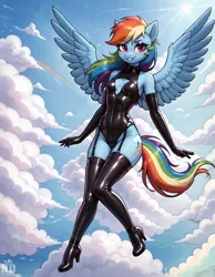 Size: 1664x2144 | Tagged: suggestive, ai content, alternate version, derpibooru import, machine learning generated, stable diffusion, rainbow dash, anthro, plantigrade anthro, series:latex bdsm, g4, bdsm, boots, clothes, garter belt, gloves, high heel boots, image, latex, long gloves, png, prompter:neondash, shoes, socks, spread wings, stockings, thigh boots, thigh highs, wings