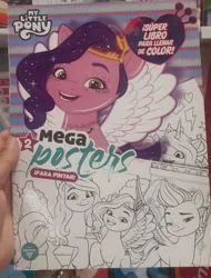 Size: 2428x3200 | Tagged: safe, derpibooru import, izzy moonbow, pipp petals, zipp storm, g5, coloring book, image, jpeg, my little pony logo, photo, spanish