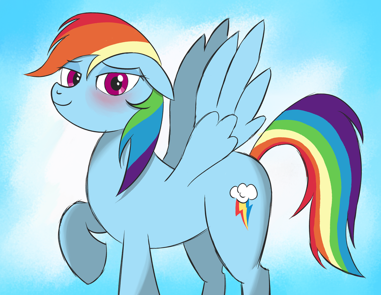 Size: 3300x2550 | Tagged: safe, anonymous artist, derpibooru import, rainbow dash, pegasus, pony, blushing, floppy ears, gradient background, image, looking at you, png, raised hoof, shading, solo