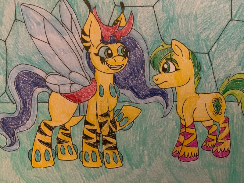 Size: 4032x3024 | Tagged: safe, artist:adeanthepurpledragon, derpibooru import, oc, oc:bee-zlebub, oc:emerald dream, changedling, changeling, earth pony, image, jpeg, the hive, traditional art